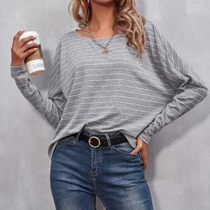 BellanBlue Gray Striped Long Sleeve Casual Top | Large